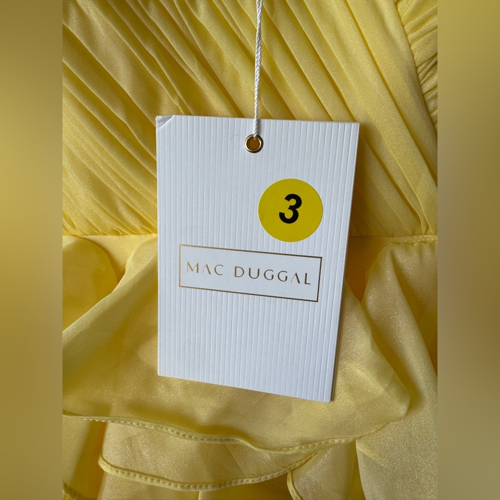 Mac Duggal Lemon Yellow Ruffle Tiered Prom Gown Sample Dress - Picture 4 of 6